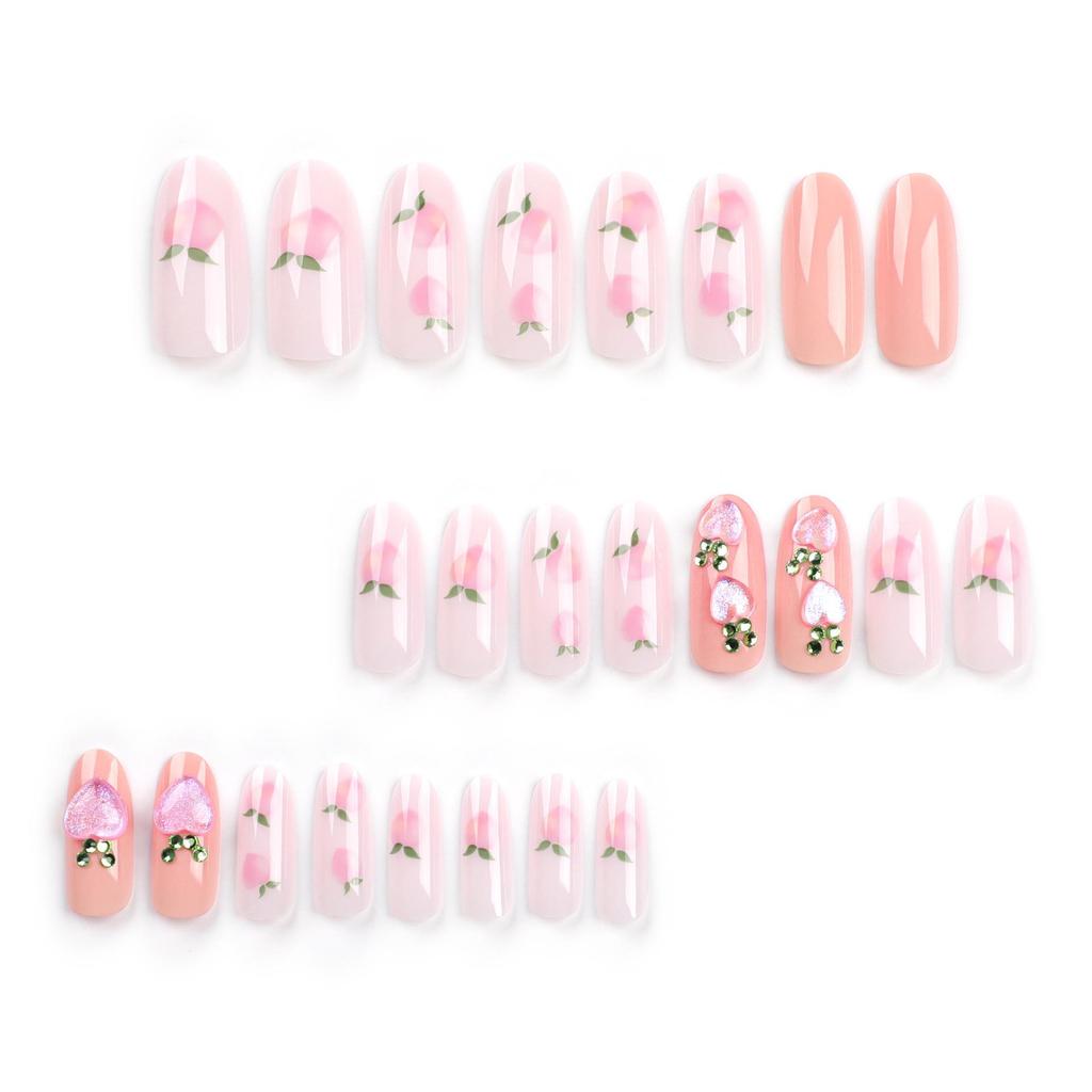 Fresh Pink Peach Gemstone Manicure Tips - New Xiaohongshu Style Wearable False Nails