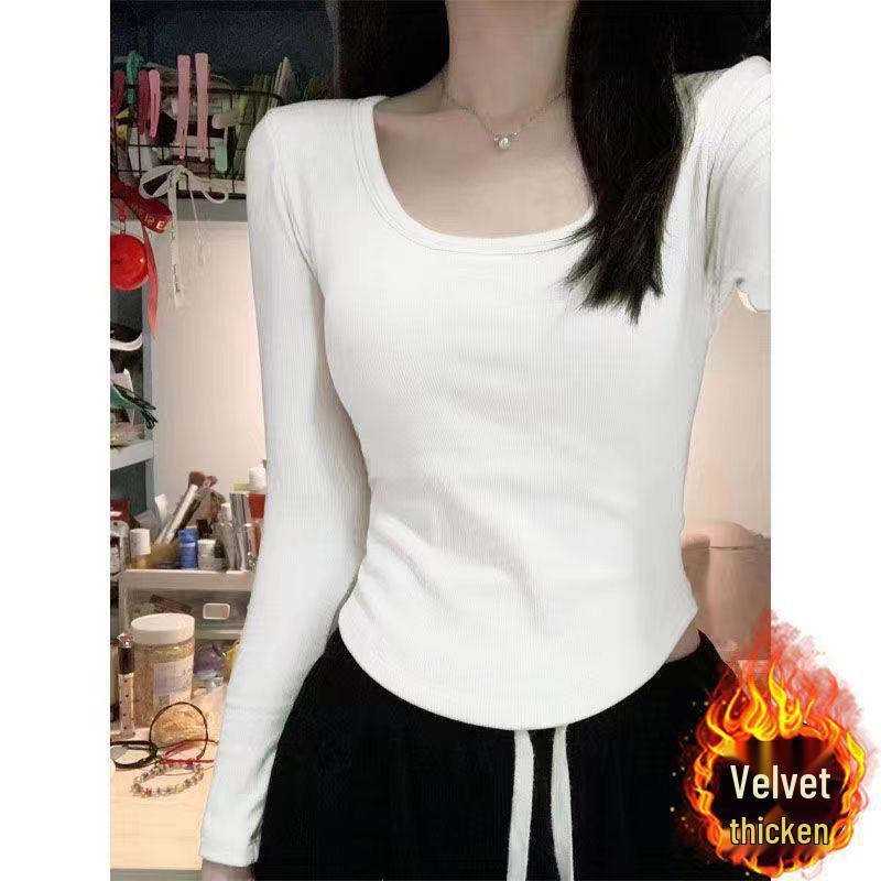 

Spicy Girl Fleece-Lined Square Neck Long Sleeve Slim Fit Top - Autumn/Winter Warm Base Layer S (80-95kg) білий