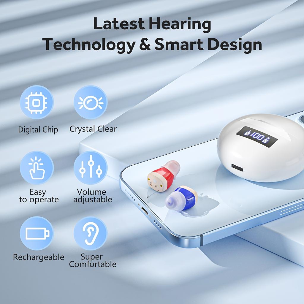 1 Pair Rechargeable Hearing Aids for Seniors & Adults with Noise Cancelling, Invisible In-Ear Digital Hearing Amplifiers