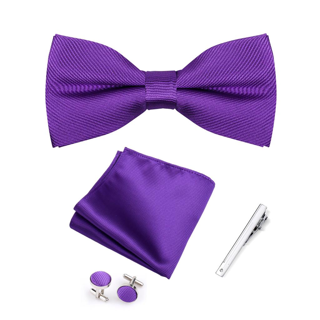 Elegante Set Regalo Uomo Papillon 4 Pezzi Papillon Monocolore Fazzoletto da Tasca Gemelli Fermacravatta Accessori per Abito Business Matrimonio Formale