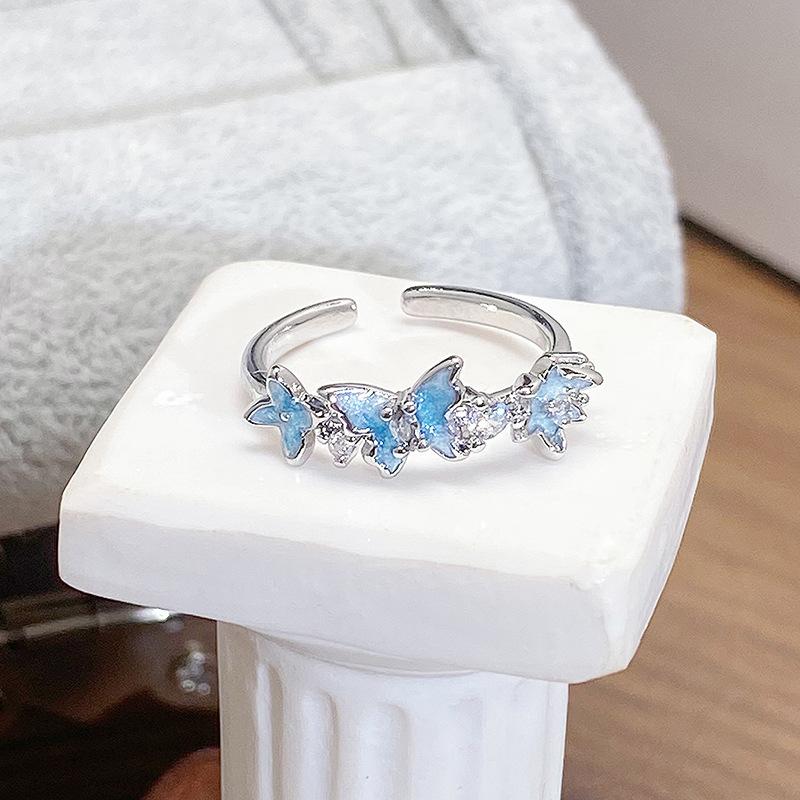 Spring And Summer Small Fresh Mint Green Enamel Dripping Oil Butterfly Opening Ring Personalized Niche Light Luxury High-End Ring