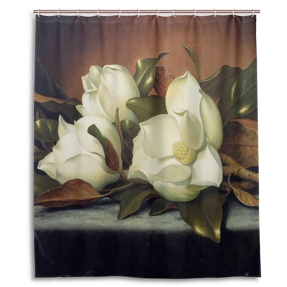 Tende da Doccia in Tessuto Impermeabile con Fiori Vintage Disegnati a Mano per Bagno, Tende da Bagno con Magnolie Decorazione Vasca da Bagno con Ganci