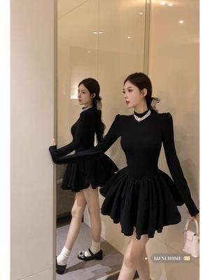 Hepburn-Stil Hochgeschlossenes A-Linien-Kleid - Schwarze Herbst/Winter Kollektion
