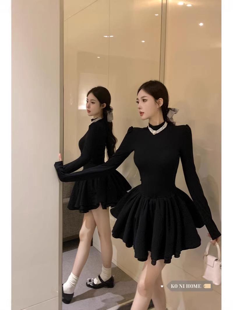 Hepburn-Style High Neck A-line Dress - Black Autumn/Winter Collection Large чёрный