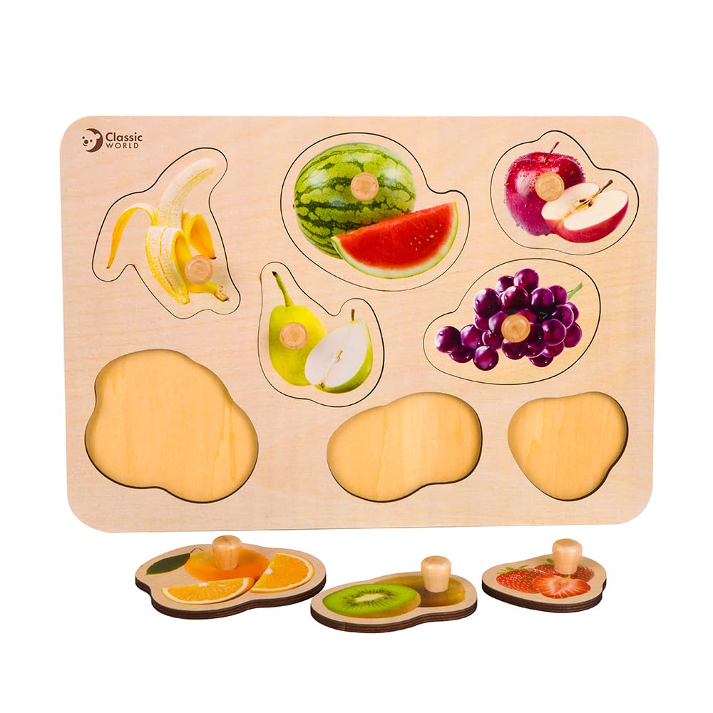 Classic World Fruit Peg Puzzle, Shape-Matching Puzzle, Wooden Pick-Up Puzzle, Fruit Design for Girls and Boys, Ages 1 and 2, Baby Gift, Birthday