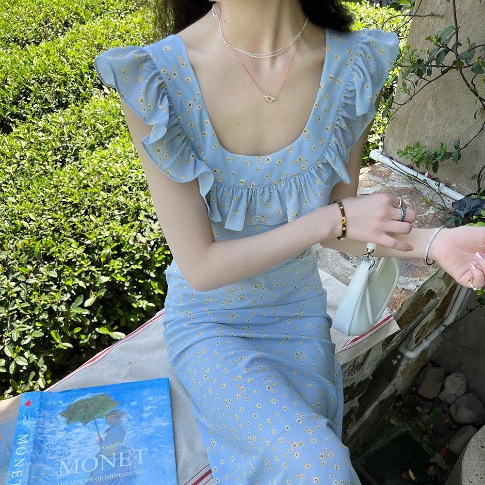 French retro floral dress medium and long temperament holiday square neck ruffle edge skirt children's summer new long dress