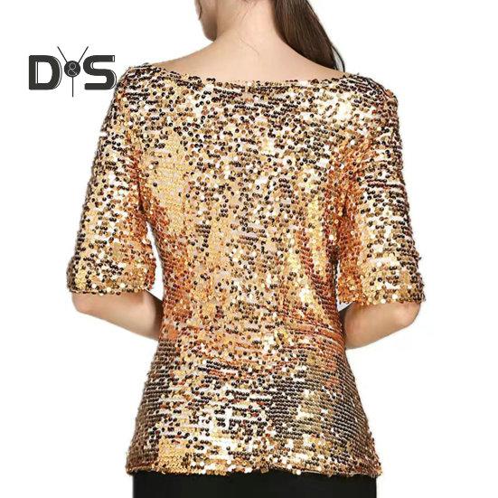 Dámské triko s flitry Špičkové šumivé tričko Stylová pohodlná halenka se středním rukávem Streetwear pro jevištní představení Denní nošení