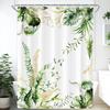 Watercolor Flower Shower Curtain, Vintage Plum Blossom Tropical Plant Green Leaf Bird Elegance, Bathroom Decor Set With Hooks