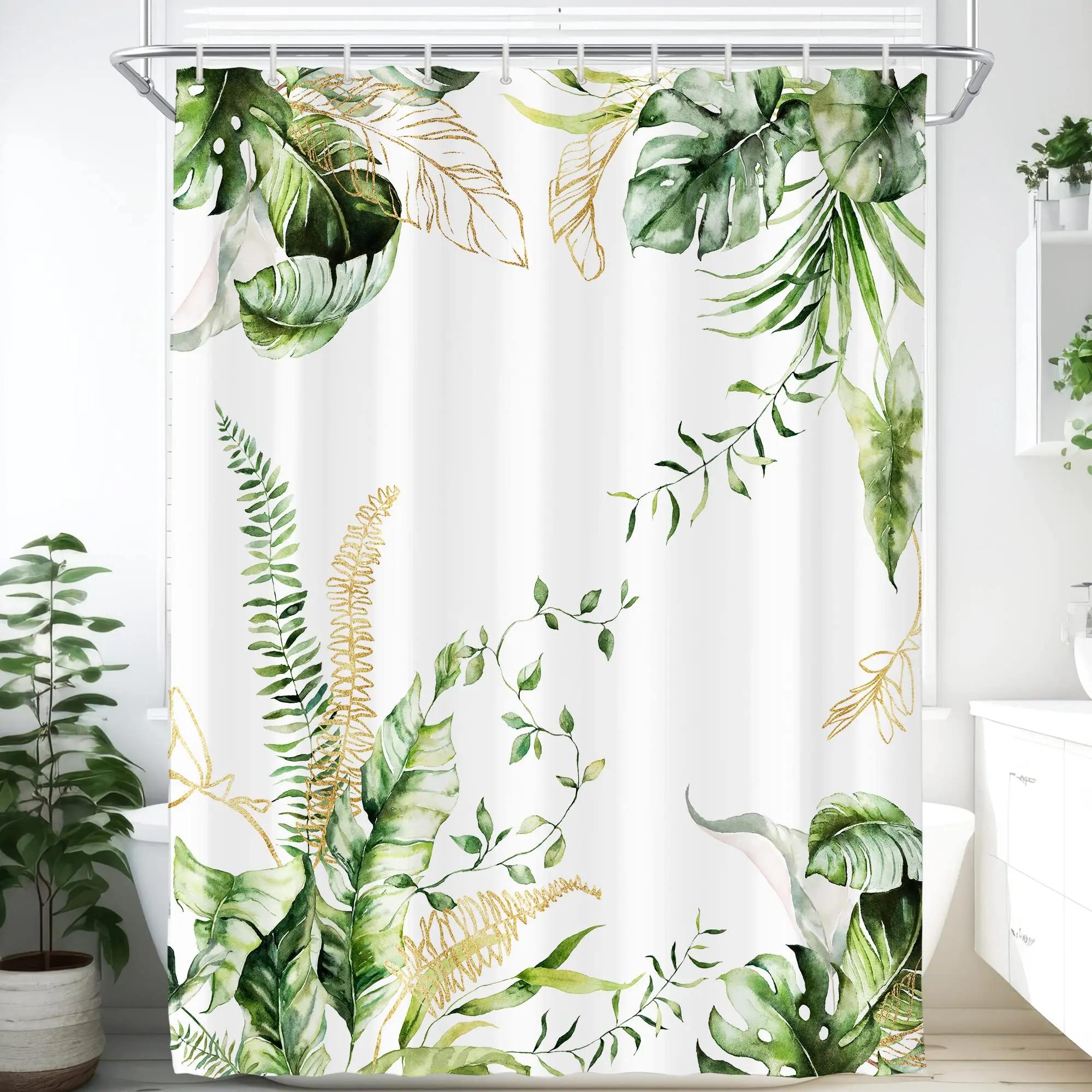 

Watercolor Flower Shower Curtain, Vintage Plum Blossom Tropical Plant Green Leaf Bird Elegance, Bathroom Decor Set With Hooks 90x180cm-35x70in