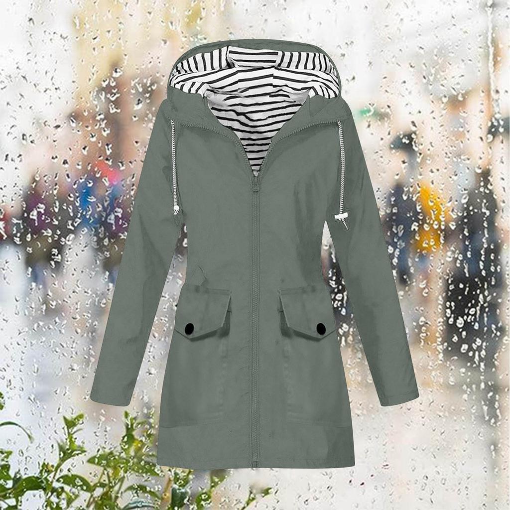 Women Solid Stripe Rain Jacket Outdoor Plus Waterproof Hooded Raincoat Windproof