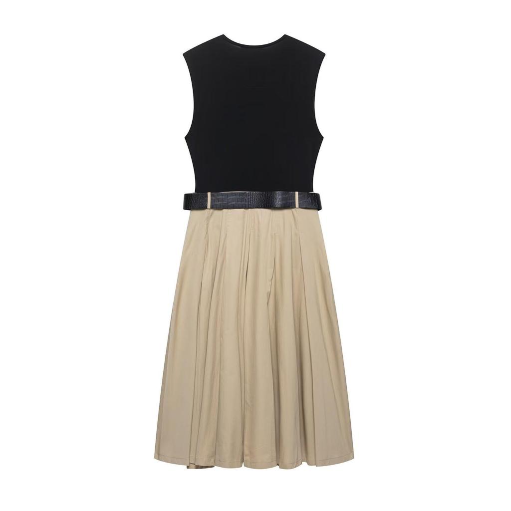 2025 Summer Pleated Skirt Dress with Shoulder Pads - Sleeveless, Slim-Fitting, Round Neck Design