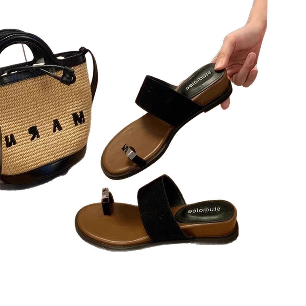 Sheepskin Version~ Genuine Leather Metal Buckle Cover, Inner Toe Height Increase, Soft Bottom One-word Slippers, Women's Summer Fashion Versatile Be