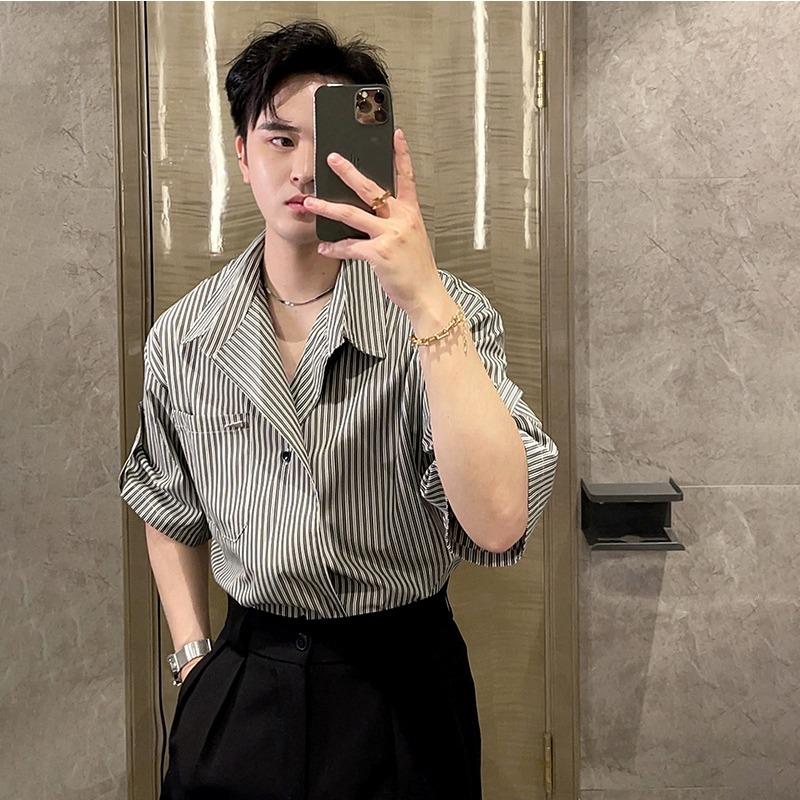 

Men s Striped Cuban Collar Short Sleeve Shirt Casual Button Down Top S сірий