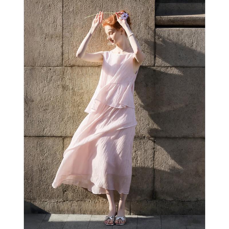 Demana Summer Lyocell Faux Two-Piece Sleeveless A-Line Dress M