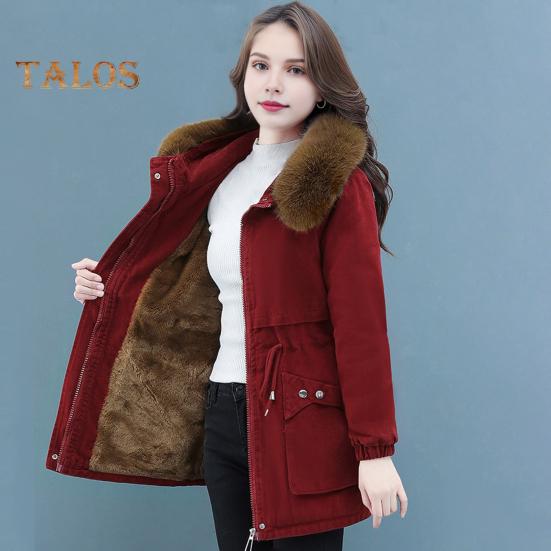 Winter Women Cotton Jacket with Furry Hood with Double Pockets Drawstring Waist Mid Length Zipper Closure Coat Solid Color Windproof Outwear Parka