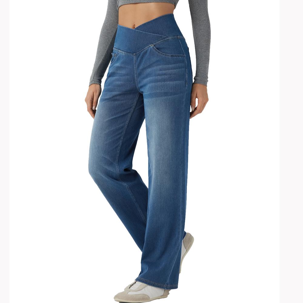 Shascullfites High Waist Dark Blue Wash Stretch Denim Jeans for Women Soft Casual Straight Crossover Fit with Pockets