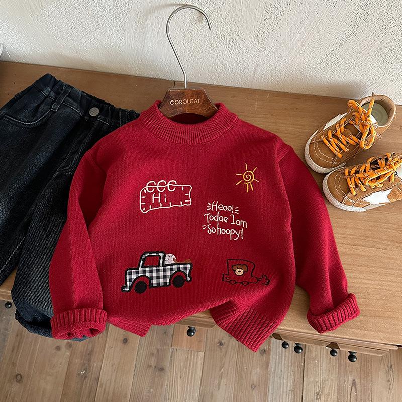 

Boys Winter Red Cartoon Car Pullover Sweater - 2025 New Style New Year Outfit 90 cm червоний
