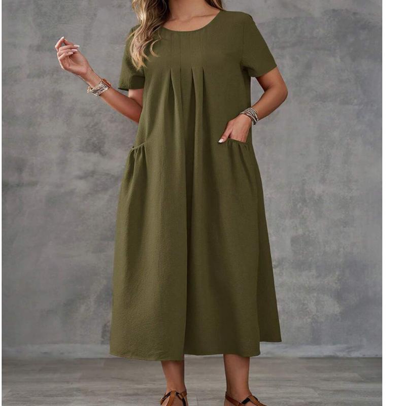 European and American Women's Clothing New Explosive Round Neck Short Sleeve Pocket Cotton and Linen Dress