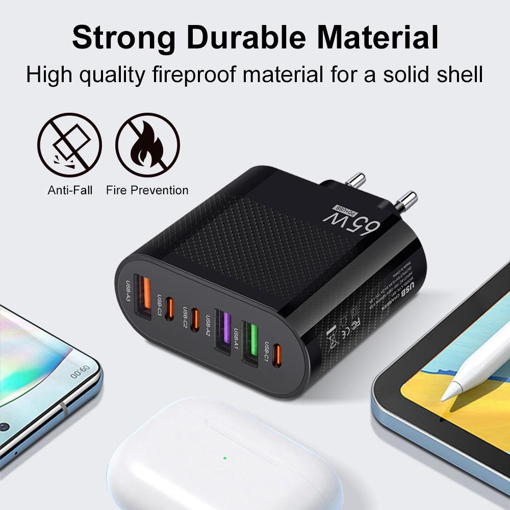 3.5A Multi-Port Charger with 3 Type-C & 3 USB Ports, Compatible with EU, US, UK Plugs