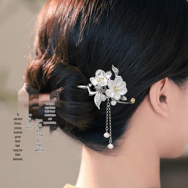 Pure Sterling Silver Begonia Tassel Hairpin - Ancient Hanfu Style Gift