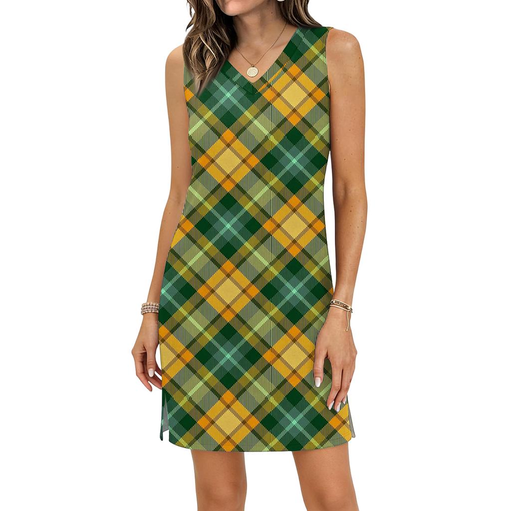 Women's Casual V-neck Sleeveless Split Hem Plaid Print Dress