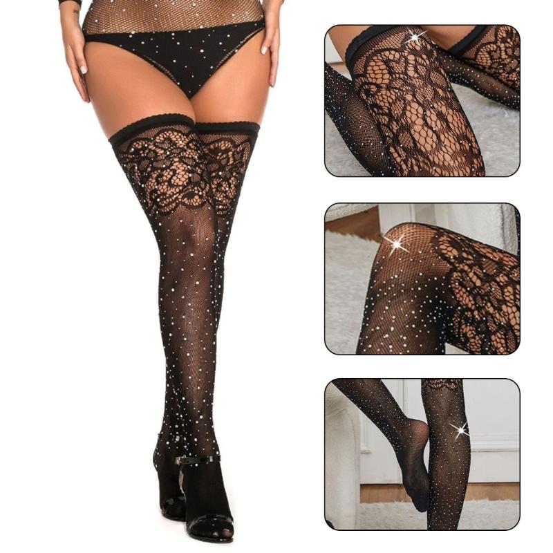 Floral Lace Fishnet Stockings Rhinestones Thigh High Stockings for Women Tights Hosiery