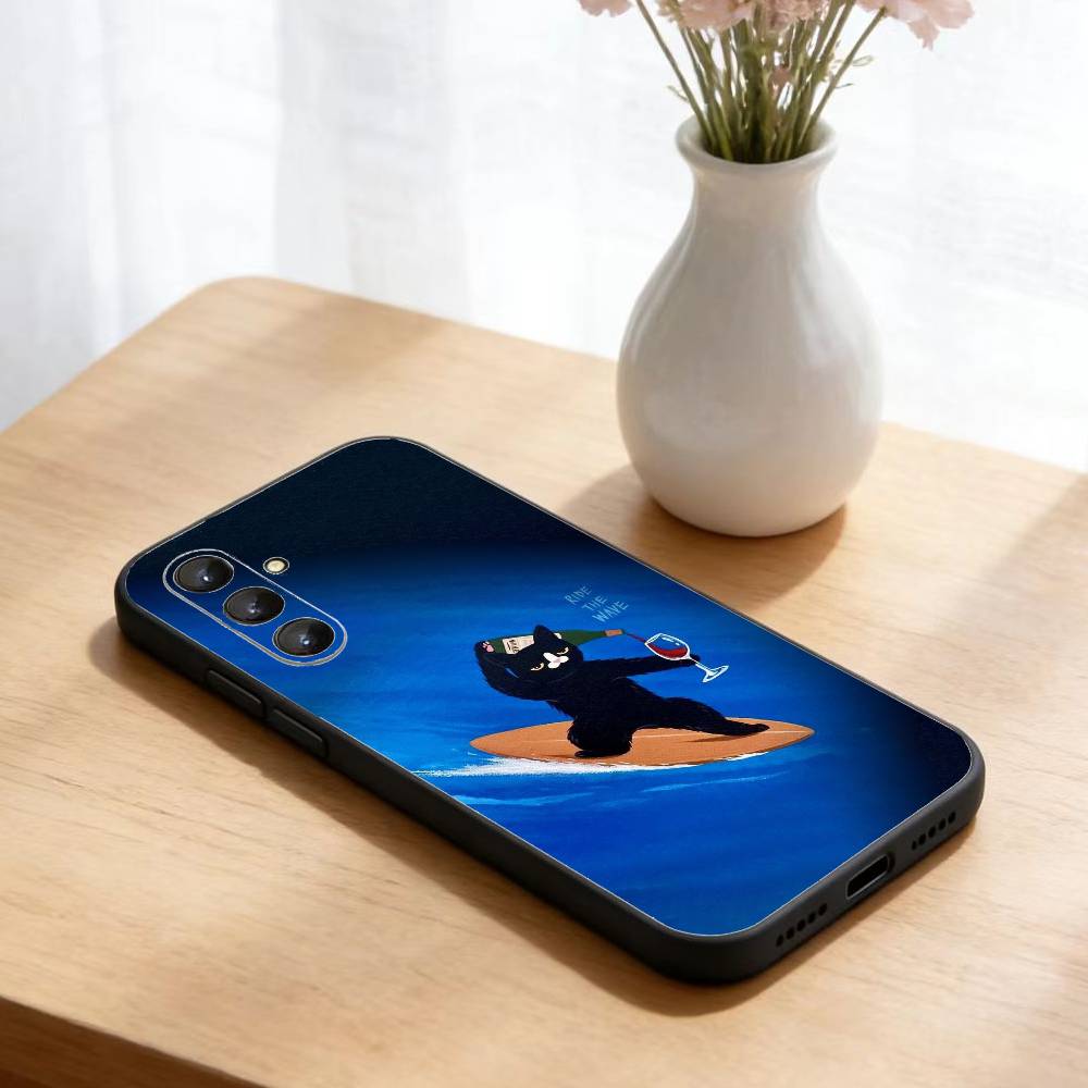 Black Whimsical Cat Phone Case For Samsung Galaxy A73,A21s,A22,A31,A52,A53,A71,A41Soft Black Shell