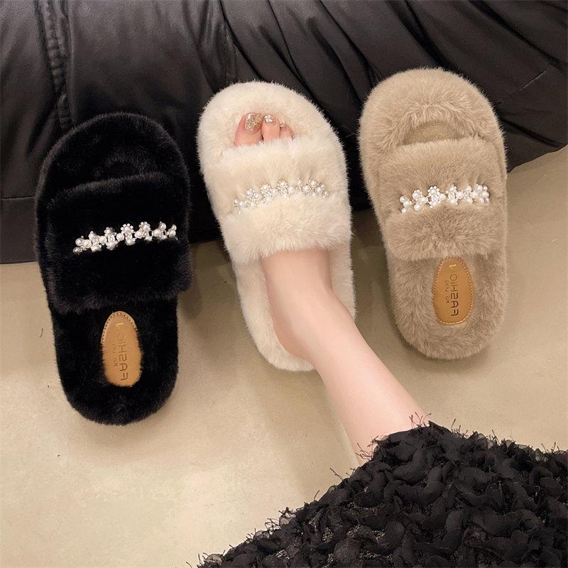 Mode 2024 Neues Perlendesign Flauschige Hausschuhe Damen Hausschuhe Indoor Weiche Plüsch Warme Hausschuhe Damen Mode Keilschuhe Größe 35-42
