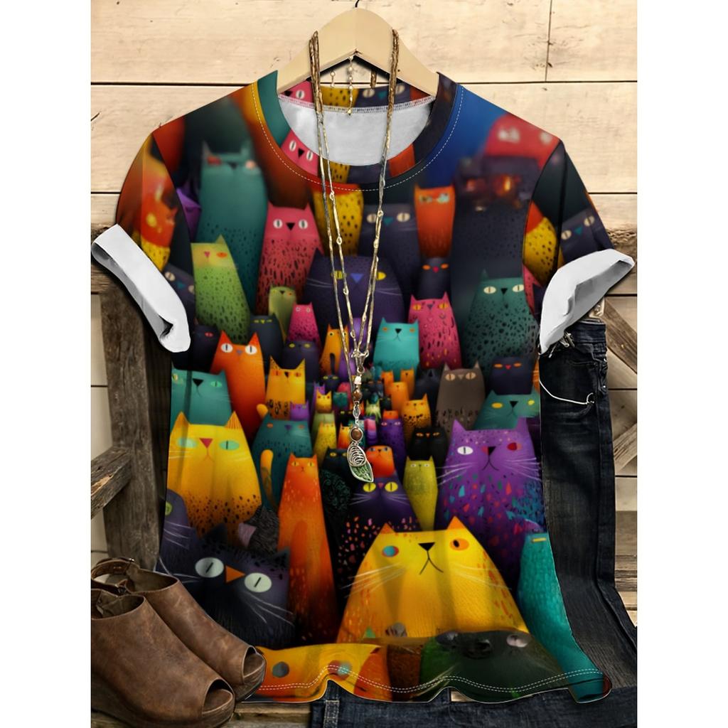 Summer Round Neck Cartoon Cat Pattern 3D Print Top Fashionable Casual Short Sleeved Women's T-shirts