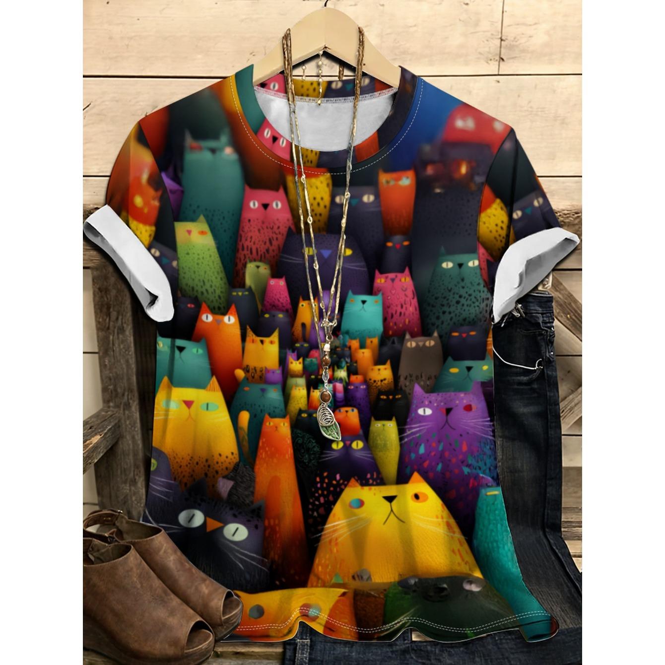 

Летняя футболка с круглым вырезом, мультяшным кошачьим принтом и 3D-печатью, модная повседневная женская футболка с коротким рукавом XS