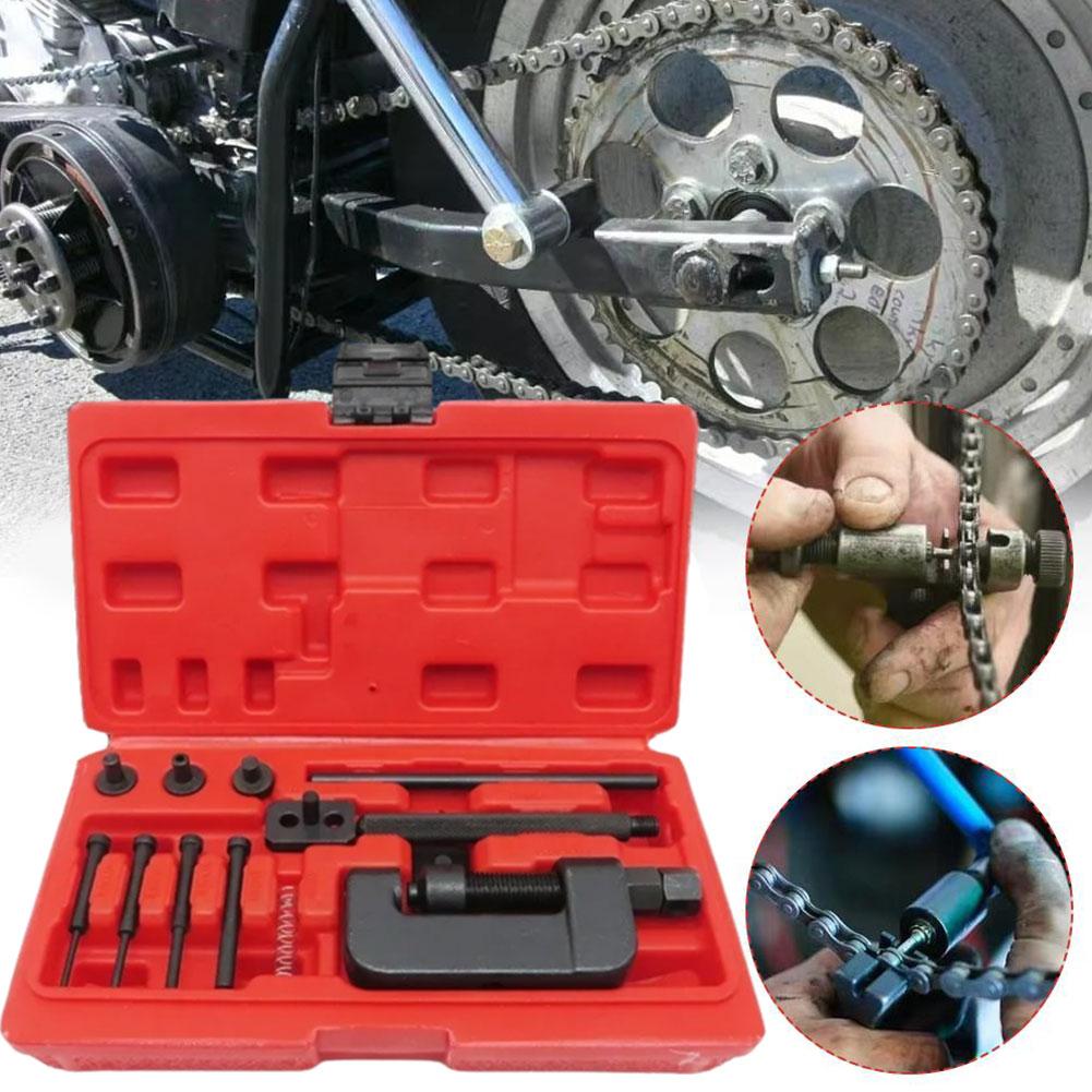 13Pcs Riveting Repair Tool Kit With Red Case Motorcycle Bike Heavy Duty Splitter Link Riveter Set Cam Drive Chain Breaker