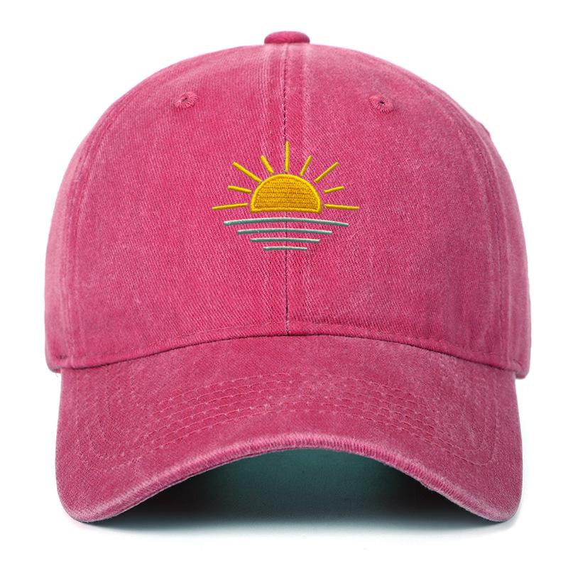 Unisex Vintage Washed Baseball Cap - Embroidered Beach Sunrise, Breathable & Sun Protective for Summer Outdoor Activities