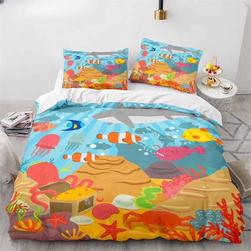 Underwater World King Queen Duvet Cover Cartoon Ocean Animal Bedding Set For Kids Fish Coral Sea Life Soft Polyester Quilt Cover