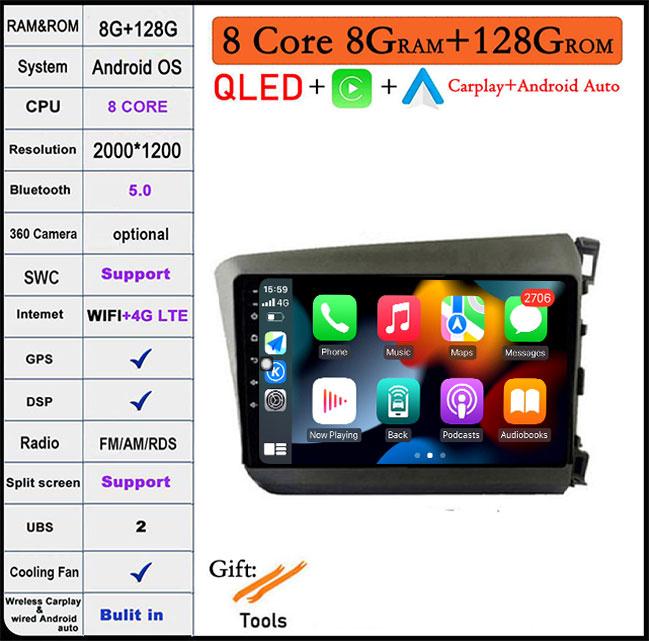 For HONDA INSIGHT 2 2009 2010 2011 2012 2013 2014 Android 14 Car Auto Radio Navi GPS Multimedia Player 4G+WIFI  Carplay Stereo