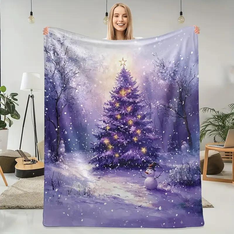 Purple Christmas Tree Snowman Blanket Flannel Blanket - Cozy and Warm, Great for Bed, Travel, Camping and Office Decoration