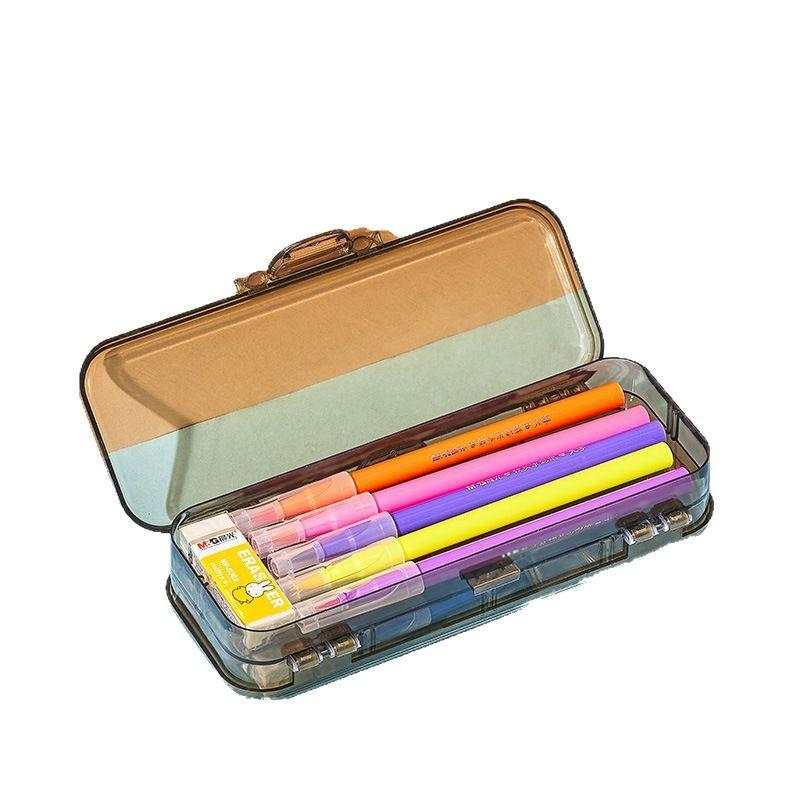 Simple Transparent Pencil Case Plastic Double Door Double Open Pencil Box Storage Box Stationery Estuches Office Supplies