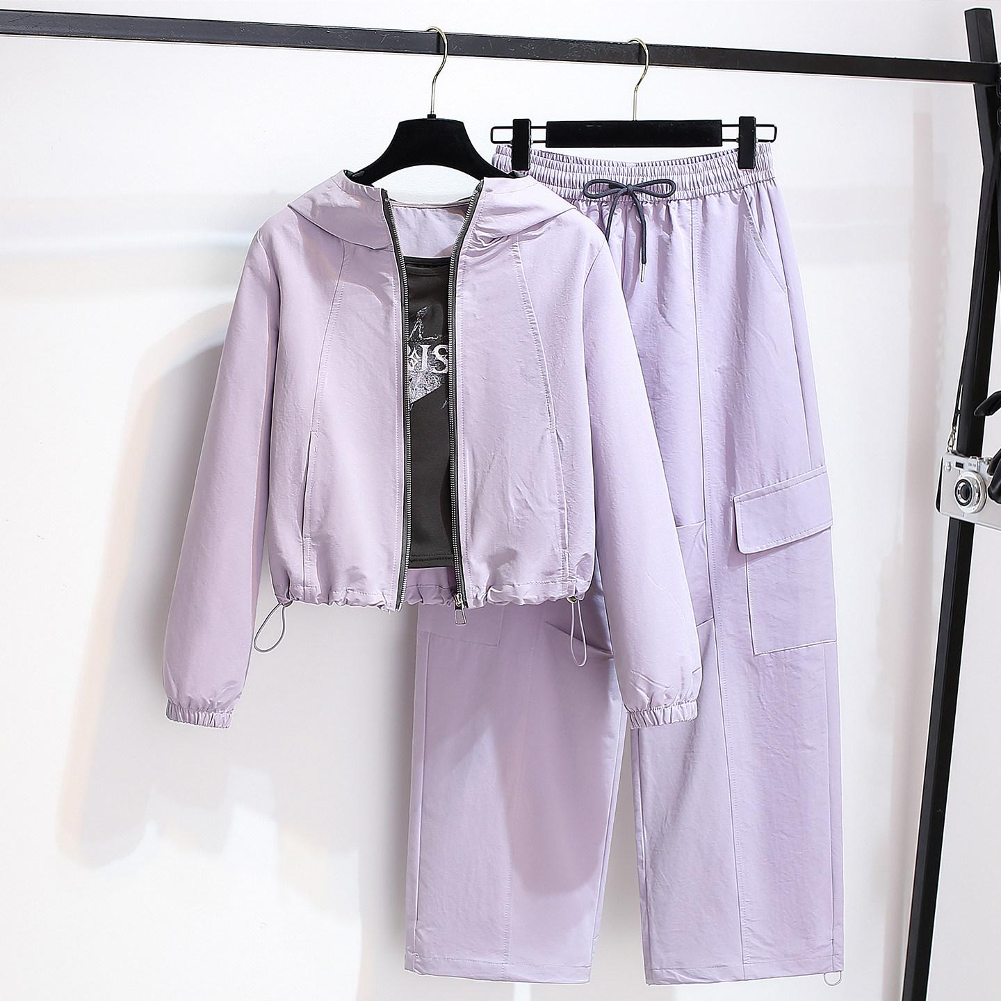 

Women s Purple Hooded Jacket & Suspender Cargo Pants, Curved Leg, 2026 Early Spring Trendy 3-Piece Set Extra Large фіолетовий