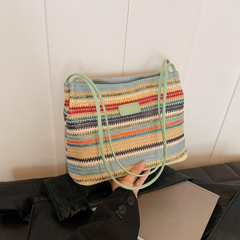 Stylish Large Capacity Rainbow Striped Woven Tote Bag For Trendy Daily Commute