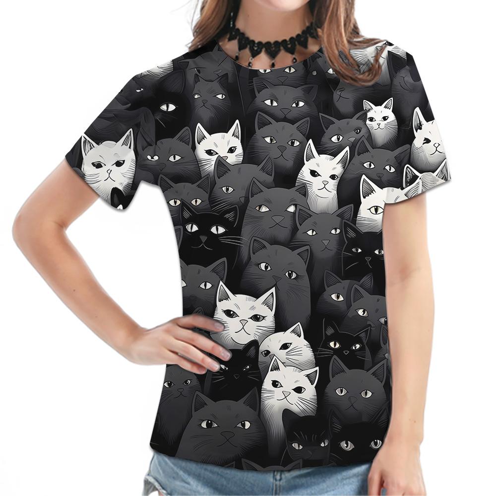 Women's Black Short-Sleeve Tee - Colorful Cat Pattern Graphic Print, Cute Animal All-Over Design Casual Top, Stylish Daily Wear