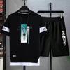 2Pcs/Collection Men Summer Outfit O-Neck Short Sleeve Letter Print T-shirt Elastic Waist Wide Leg Short Pants Collection Leisure Athletic Suit