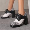 Plus Size Glitter Patchwork PU Lace Up High Heels Square Toe Waterproof Platform Ultra-High Thick Heel Breathable Women's Pumps