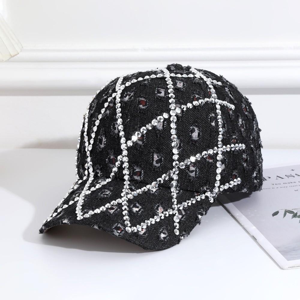 Fashion Sparkling Rhinestone Baseball Cap Casual Adjustable Distressed Denim Baseball Caps Grid Sun Hats For Women