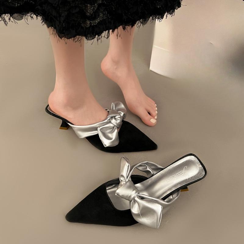 French Baotou slippers satin fashion fairy high heels new pointed toe shallow mouth temperament bow high heels