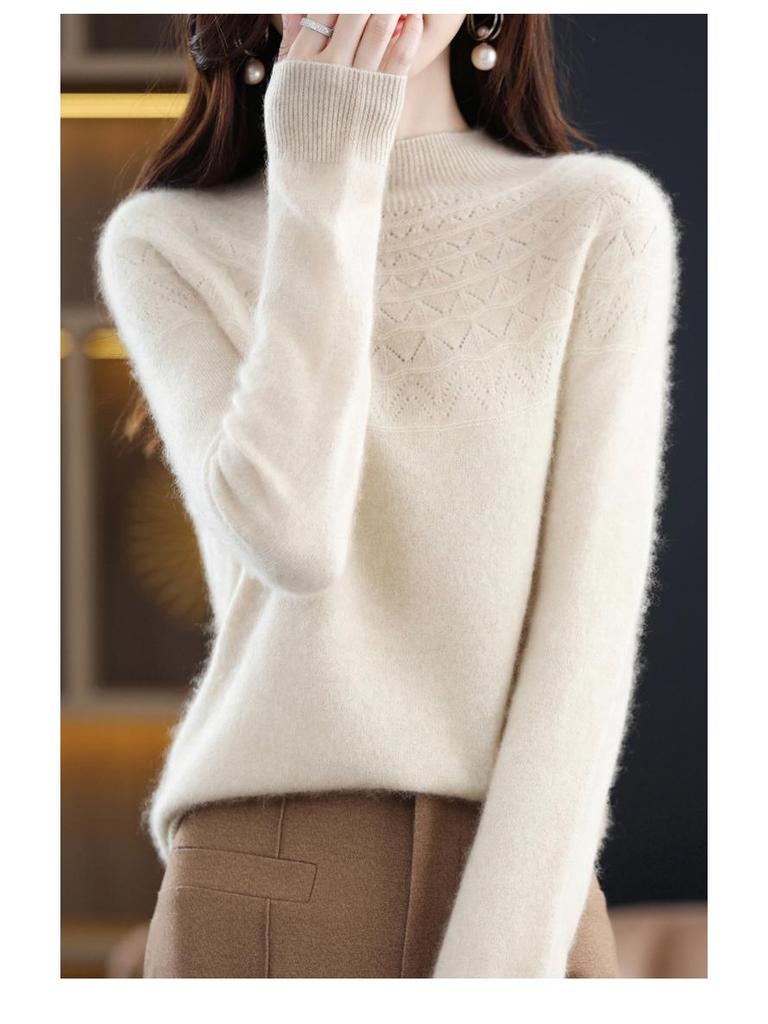 Women's Slimming 100% Wool Half-High Neck Sweater, Seamless Cashmere Knit Base Layer, Autumn Winter Loose Top with Hollow-Out Design