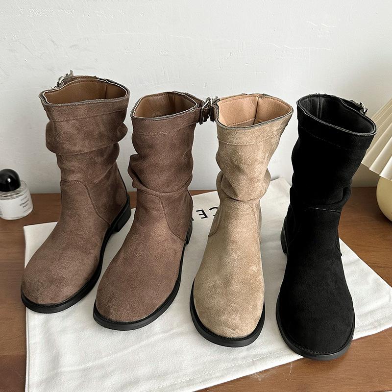 Retro simple and thin Martin boots women's 2025 new autumn and winter niche versatile pleated short low-heeled boots pile women