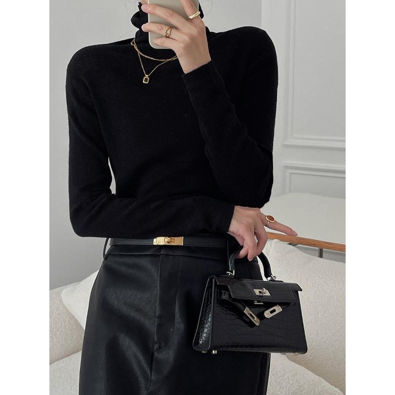 

Винтажная кофейная водолазка, вязаная базовая рубашка, женский весенний свитер с высоким воротом, облегающий топ для ношения под низ, с темпераментом XL чёрный