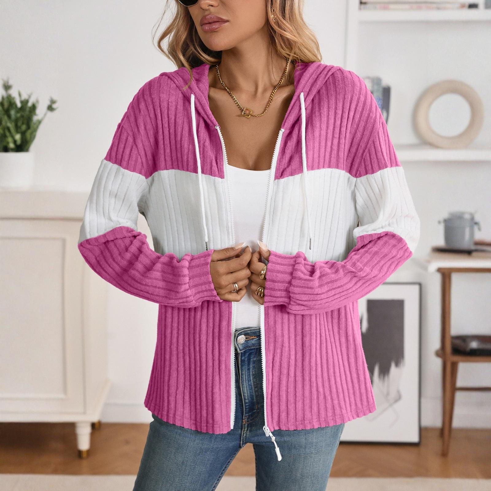

Women s Zippered Cardigan Splicing Casual Long Sleeve Striped Colorblock Top Jacket L