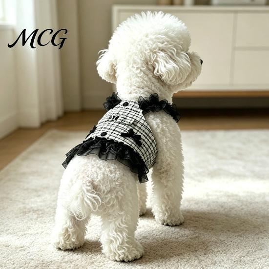Dog Dress No Harness Needed Sleeveless Tweed Dress, Ruffled Pet with Lace Breathable Mesh Apparel Trim, Cute Summer for Small Dogs