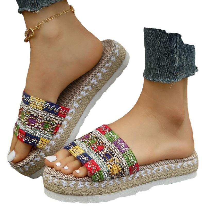 European and American Ethnic Style Foreign Trade Large Size Women Thick Bottom Fish Mouth Hemp Rope Candy Color Slippers New Manufacturers Wholesale