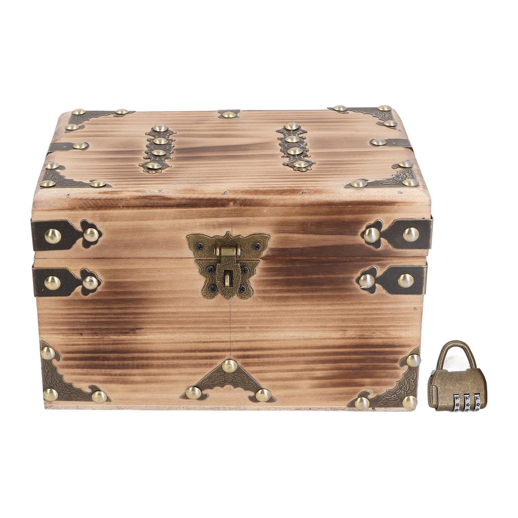 Vintage Wooden Treasure Chest 21.5x15x14cm Antique Decorative Wood Box with Password Lock for